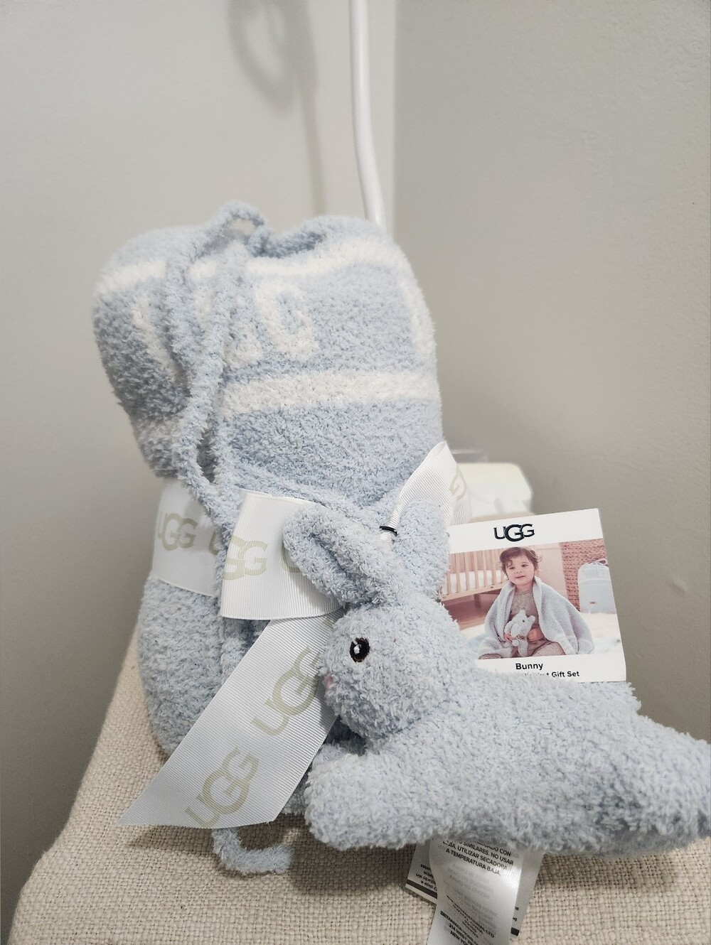 UGG Baby Bunny Plush Hooded Blanket - Light Blue & White!